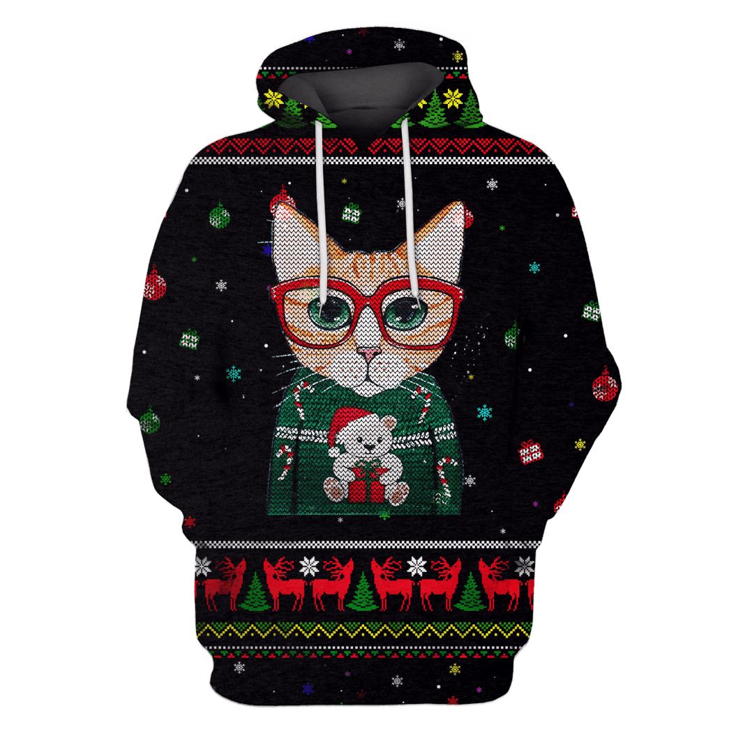 Cat Wearing Red Glasses On Christmas Custom T-shirt – Hoodies Apparel