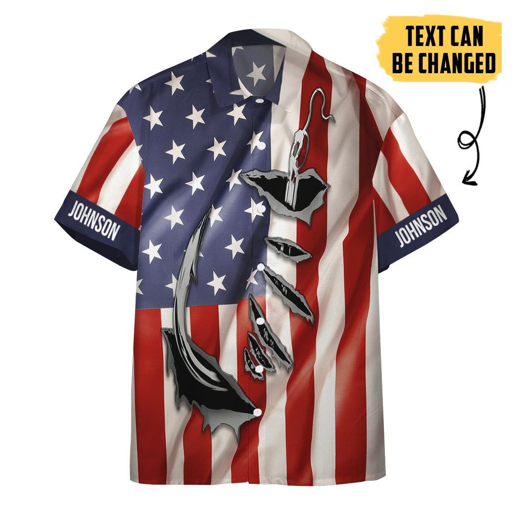 Fishing Hooked American Flag Custom Text Short Sleeve Shirt