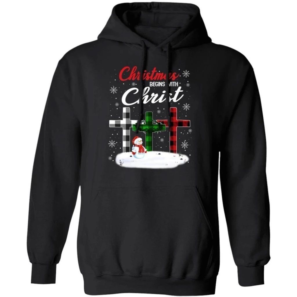 Christmas Begins With Christ Hoodie Christ Cross Buffalo Plaid Gift