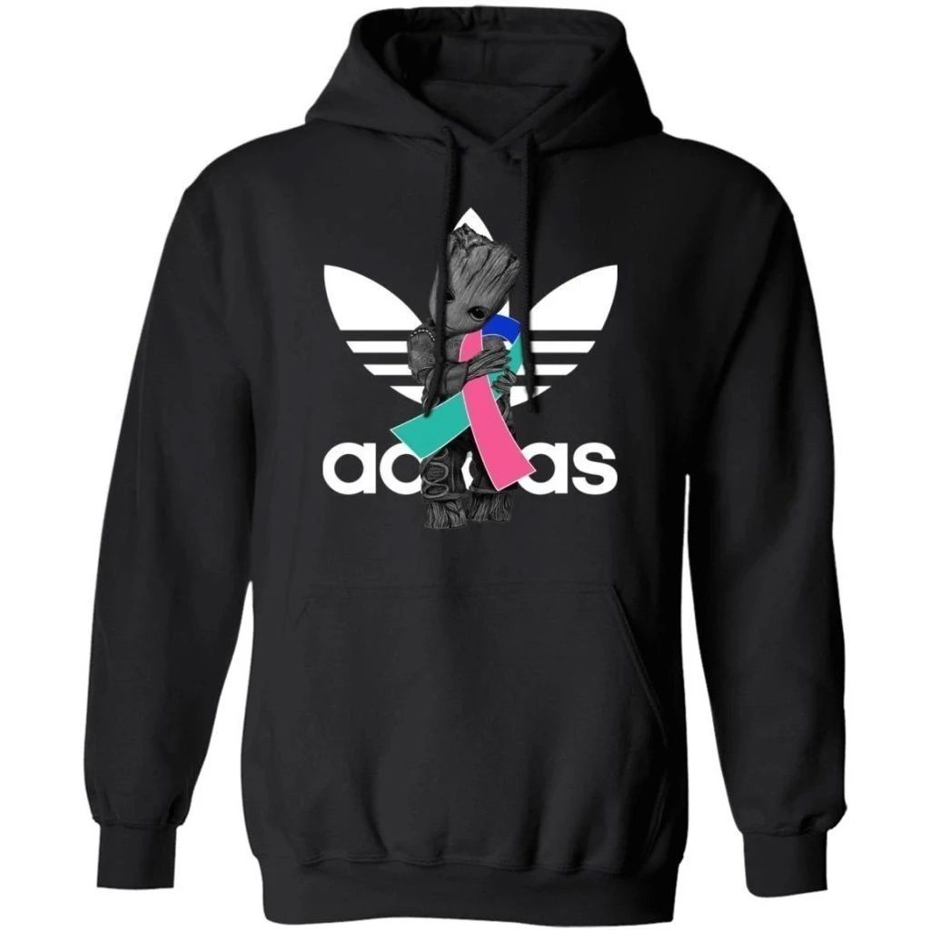 Groot Hugging Blue Pink Teal Ribbon Thyroid Cancer Awareness Hoodie For Cancer Warrior