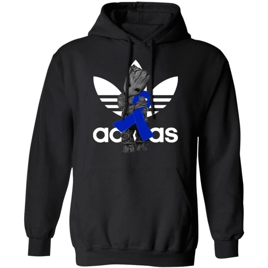 Groot Hugging Dark Blue Ribbon Colon Cancer Awareness Hoodie For Cancer Warrior