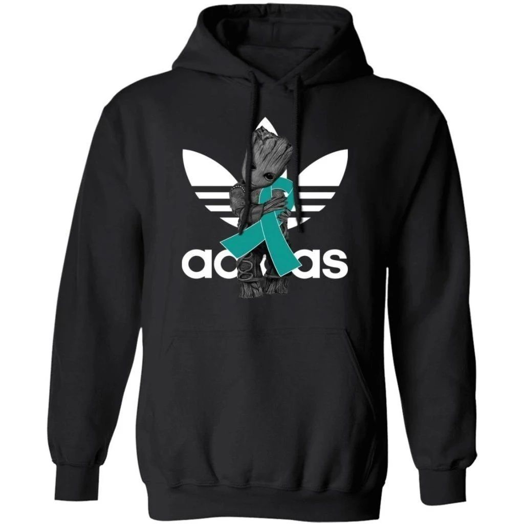 Groot Hugging Teal Ribbon Ovarian Cancer Awareness Hoodie For Cancer Warrior