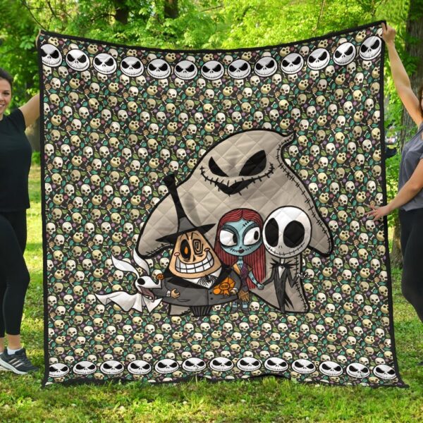 Christmas Premium Quilt | Chibi Jack And Sally With Villains Oogie Skull Patterns Quilt Blanket