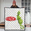 Christmas Premium Quilt | Grinch Smiling Stand Up Against Text Twinkle Stars Quilt Blanket 3