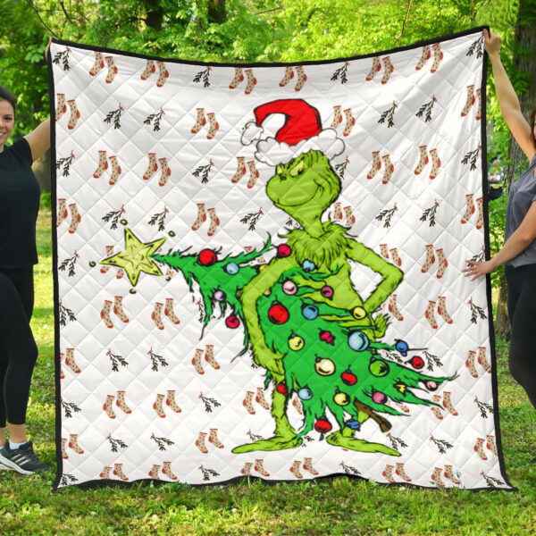 Christmas Premium Quilt | Grinch Steal Xmas Tree Sock Patterns Quilt Blanket