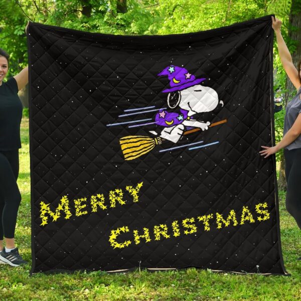 Christmas Premium Quilt | Merry Christmas Snoopy Witch Flying Broom Quilt Blanket