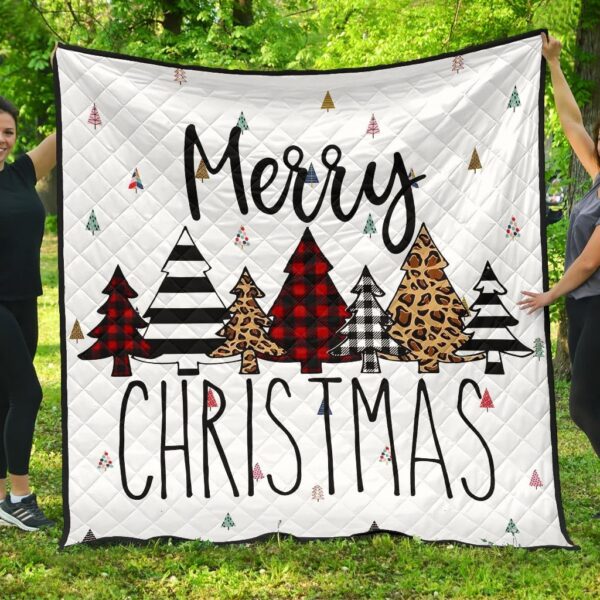 Christmas Premium Quilt | Merry Xmas Fabric Pattern Pine Tree Quilt Blanket