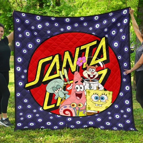 Christmas Premium Quilt | Santa Cruz Spongebob Characters Eye Patterns Quilt Blanket