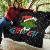 Christmas Premium Quilt | The Grinch Face Wearing Xmas Hat Artwork Quilt Blanket 11