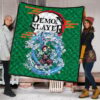 Demon Slayer Anime Tanjiro Water Breath Power Green Background Premium Quilt Blanket 1