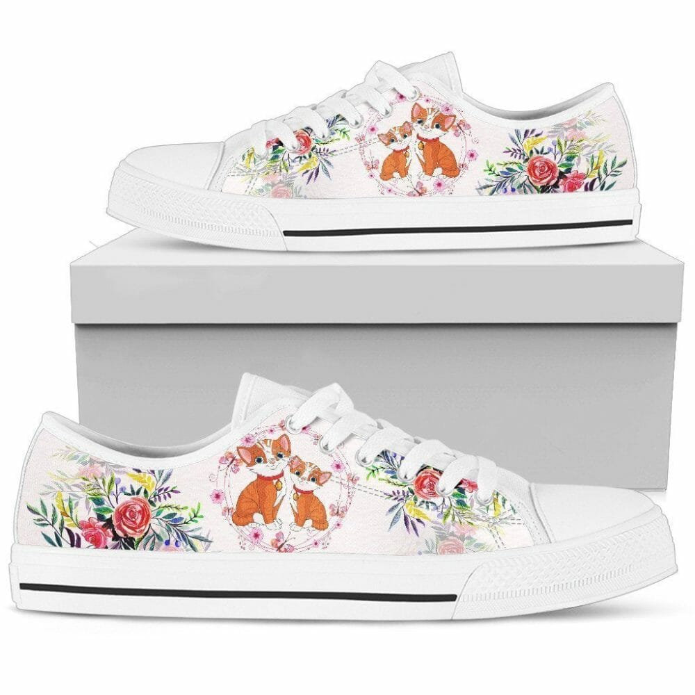 Floral Cat Sneakers Low Top Shoes For Cat Lover