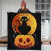 Halloween Premium Quilt | Black Cat On Pumpkin RIP Yellow Moon Quilt Blanket 3