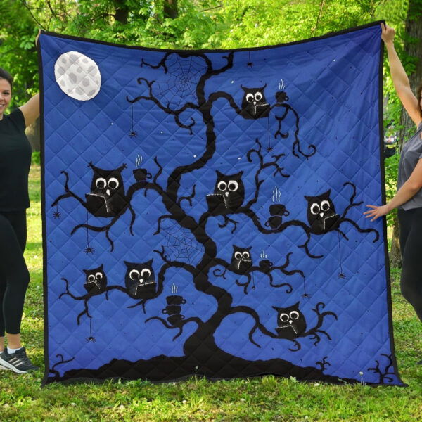 Halloween Premium Quilt | Black Owl On Tree Branch At Night Quilt Blanket