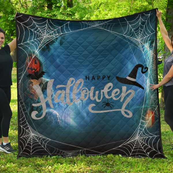 Halloween Premium Quilt | Blue Halloween Night Sky With Spider Web Quilt Blanket