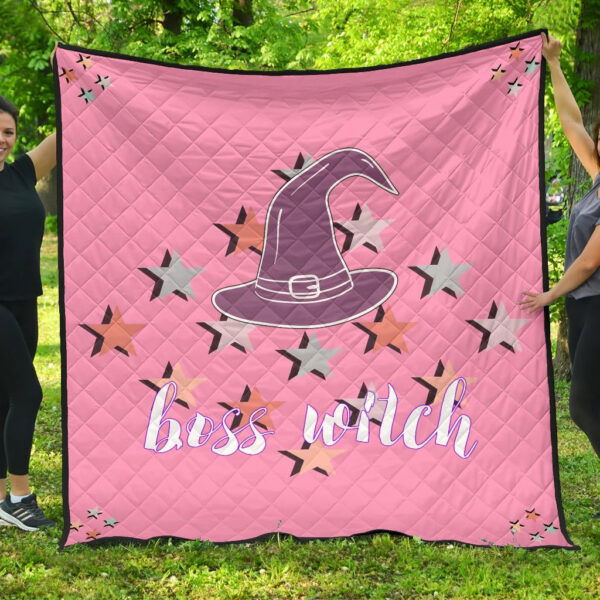 Halloween Premium Quilt | Boss Witch Hat Star Patterns Pink Quilt Blanket