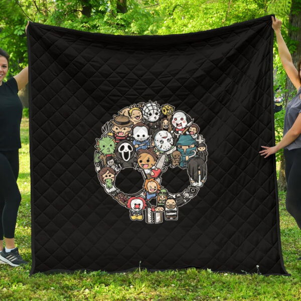 Halloween Premium Quilt – Cartoon Horror Villains Doodle In Skull Quilt Blanket