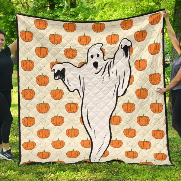 Halloween Premium Quilt | Ghost Artwork Pumpkin Spiral Patterns Yellow Quilt Blanket