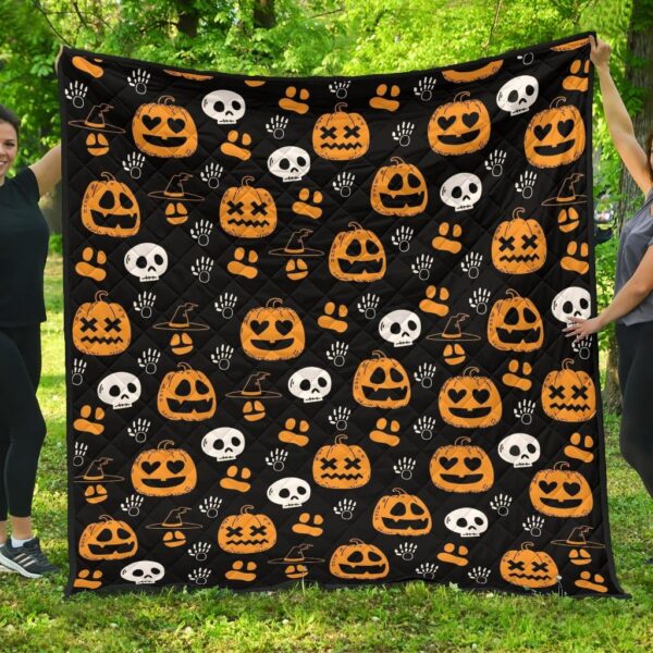 Halloween Premium Quilt | Symbols Pumpkin Emotions Skull Witch Hat Quilt Blanket