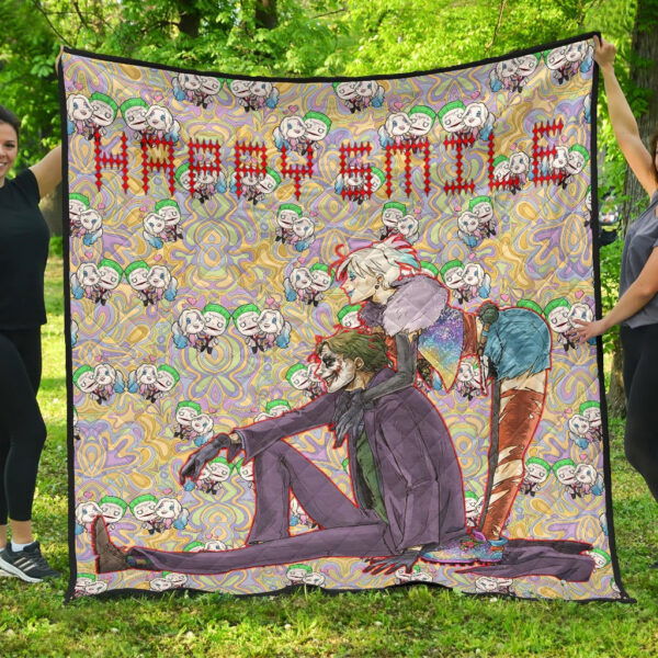 Horror Movie Joker And Harley Quinn Happy Smile Chibi Patterns Premium Quilt Blanket