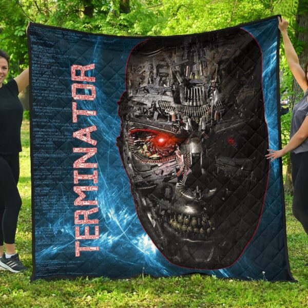 Horror Movie The Terminator Robot Face Blue Data Premium Quilt Blanket