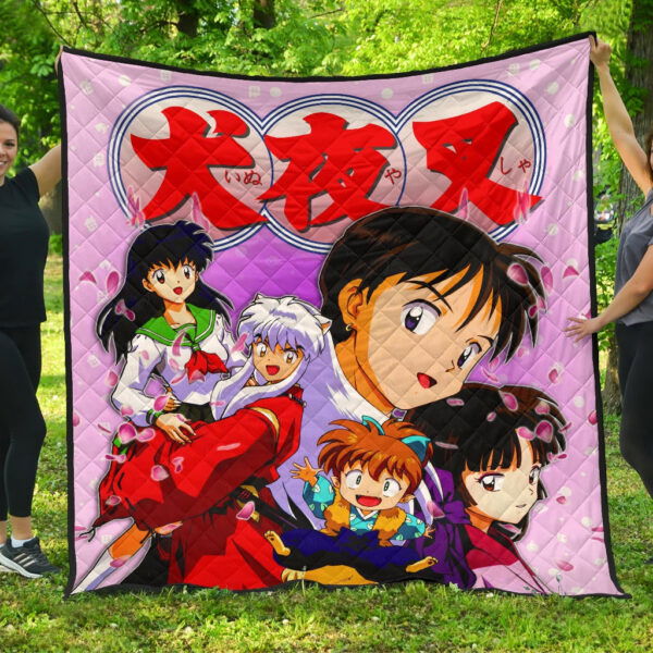 Inuyasha Anime Premium Quilt Inuyasha Kagome And The Gang Sakura Blossom Pink Quilt Blanket