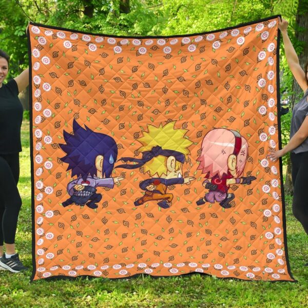 Naruto Anime Premium Quilt – Cute Chibi Team 7 Naruto Sasuke Sakura Finger Jutsu Quilt Blanket