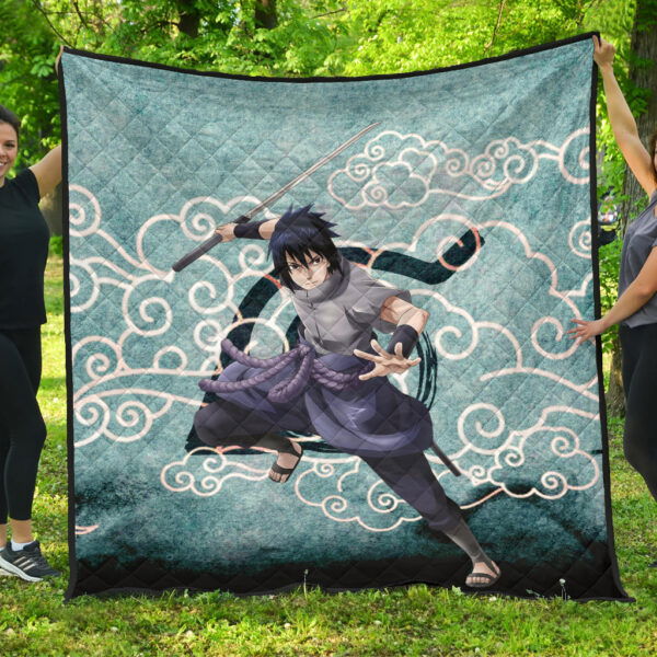 Naruto Anime Sasuke Uchiha Cloud Pattern Blue Theme Premium Quilt Blanket