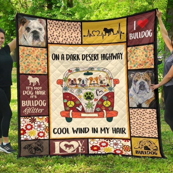 On Dark Desert Highway Hippie Van Bulldog Quilt Blanket Dog Lover