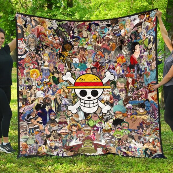 One Piece Anime Premium Quilt – Full Characters Background Big Skull Pirate Symbol Quilt Blanket