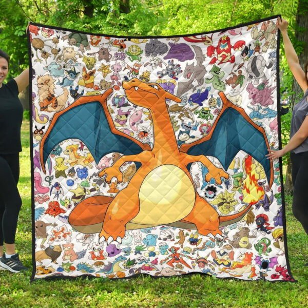 Pokemon Anime Premium Quilt – Charizard Flame Dragon Tiny Pokemon Patterns Background Quilt Blanket