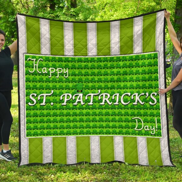 Saint Patrick’s Happy St. Patrick Shamrock Patterns Green White Premium Quilt Blanket