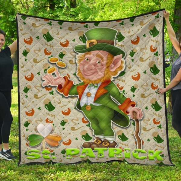 Saint Patrick’s Leprechauns Artwork St. Patrick Symbols Patterns Premium Quilt Blanket