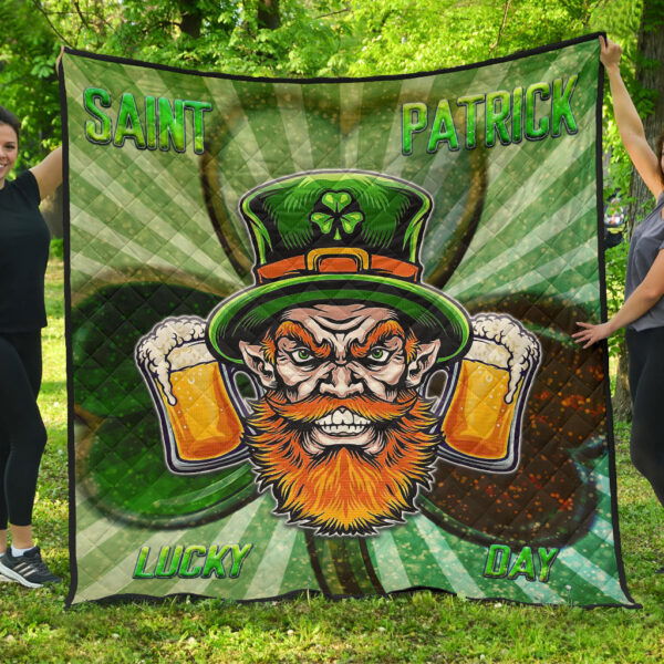 Saint Patrick’s Leprechauns Beers Shamrock Spiral Green White Premium Quilt Blanket