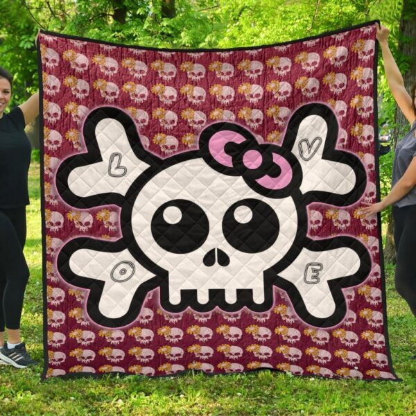 Skull Premium Quilt – Feminine Skull Sign With Sunflower Patterns Quilt Blanket