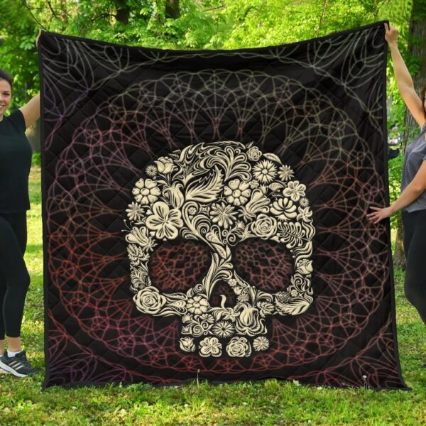 Skull Premium Quilt – Floral Gorgeous Mandala Skull Artwork Quilt Blanket