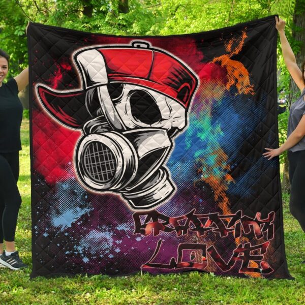 Skull Premium Quilt – Graffiti Love Skull Wearing Street Style Hat Quilt Blanket