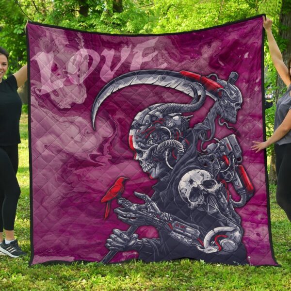 Skull Premium Quilt – Machine Cyborg Skull Death Reaper In Love Quilt Blanket