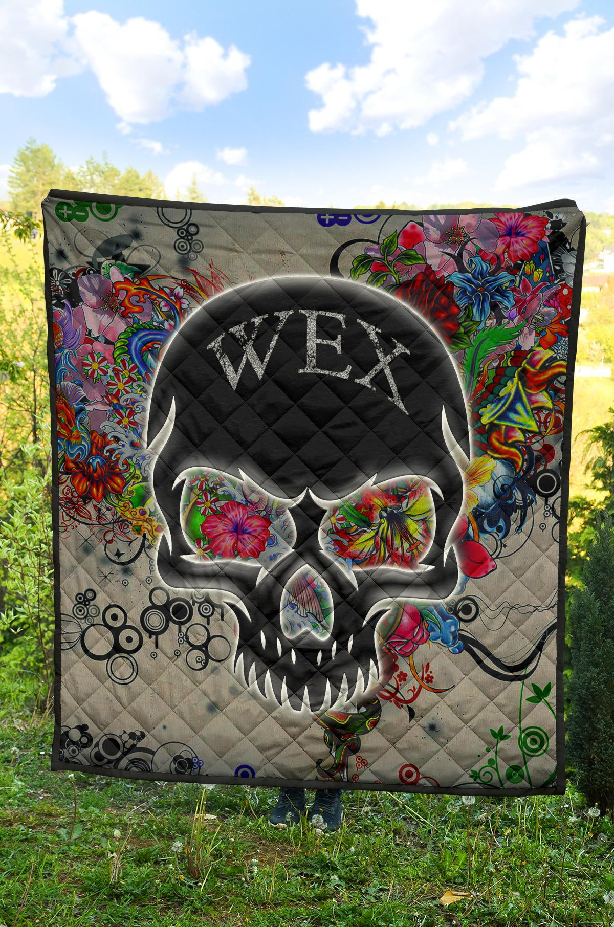 Skull Premium Quilt – Neon Skull Love Colorful Graffiti Tattoo Quilt Blanket