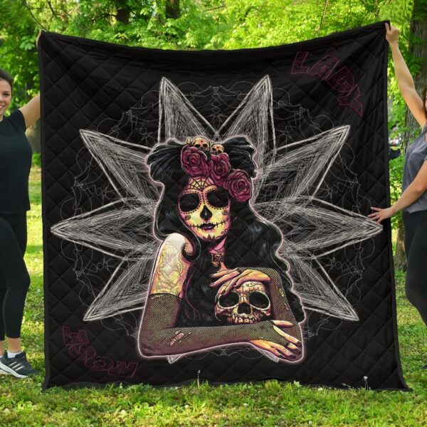 Skull Premium Quilt – Pretty Death Rose Lady Hug Skull Head Quilt Blanket