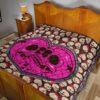 Skull Premium Quilt - Romantic Couple Skull Love Pink Heart Patterns Quilt Blanket 19