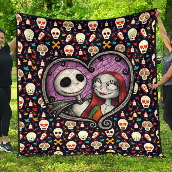 The Nightmare Before Christmas Cartoon Premium Quilt | Jack And Sally Love Colorful Skull Coffin Patterns Quilt Blanket