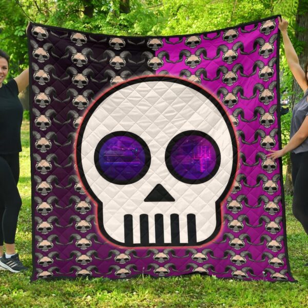 Valentine Premium Quilt – Chibi Skull Evil Horn Monster Patterns Purple And Black Quilt Blanket