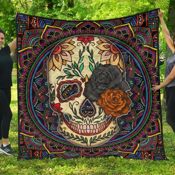 Valentine Premium Quilt – Colored Mandala Skull Background Roses From Eye Quilt Blanket