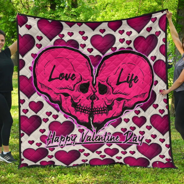 Valentine Premium Quilt Couple Skull Love Life Happy Valentine Day Pink Heart Patterns Quilt Blanket