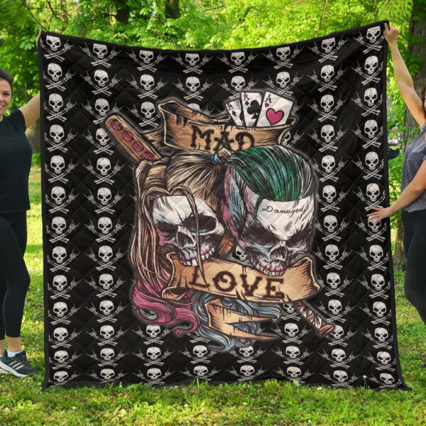 Valentine Premium Quilt – Mad Love Harley Quinn And Joker Skull Patterns Quilt Blanket