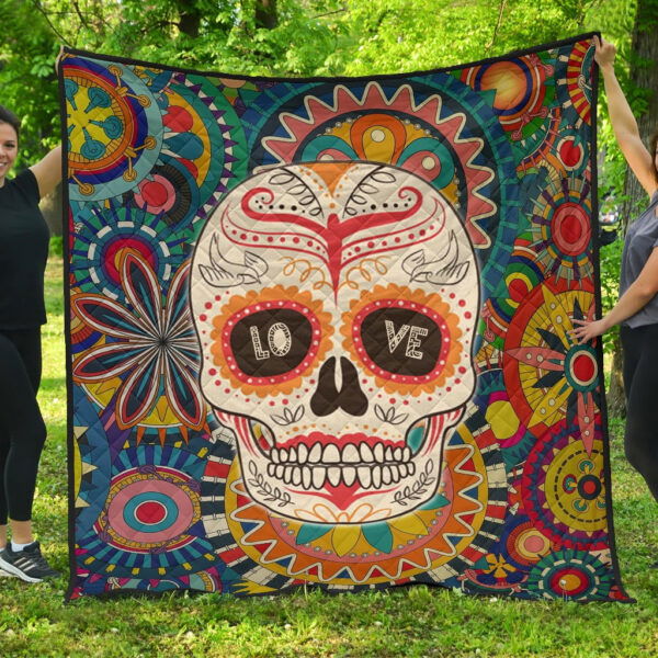 Valentine Premium Quilt – Mandala Skull Tattoo Love Eyes Colorful Quilt Blanket