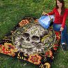 Valentine Premium Quilt - Mandala Skull Wearing Headphones Orange Artwork Quilt Blanket 9