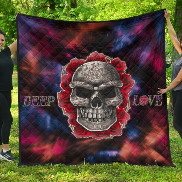 Valentine Premium Quilt – Red Rose Tattooed Skull Deep Love Quilt Blanket