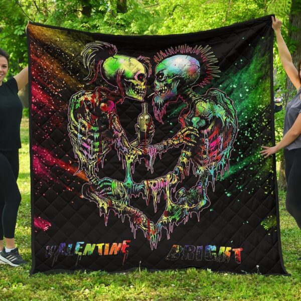 Valentine Premium Quilt – Skeleton Couple Colorful Rainbow Bright Smoke Quilt Blanket