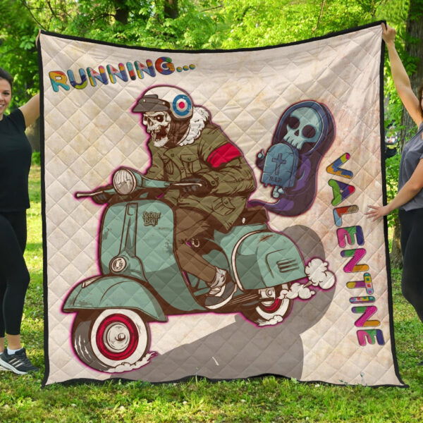 Valentine Premium Quilt – Skeleton Driving Vespa RIP Running Valentine Quilt Blanket